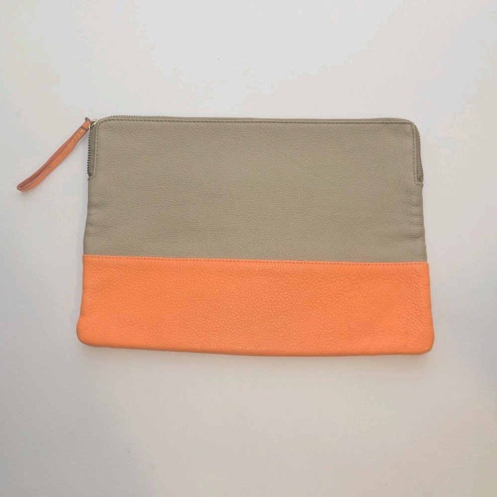 Gap Two Tone Leather Pouch Clutch Neon Orange Taupe Zip Wallet Bag 2013